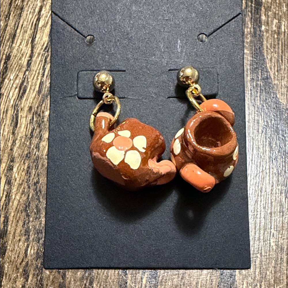 Handcrafted Brown Teacup Dangle Earrings